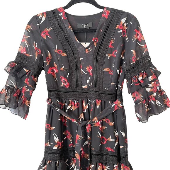 O.P.T Size M Floral Tiered Midi Dress Ruffle Sleeves Crochet Lace Flowy Formal - Picture 7 of 10